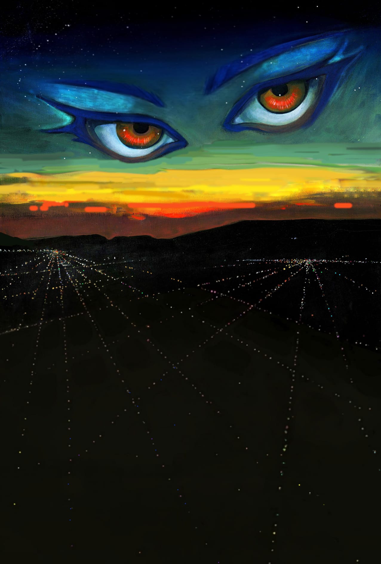 Wild Nights painted eyes above a glowing city
